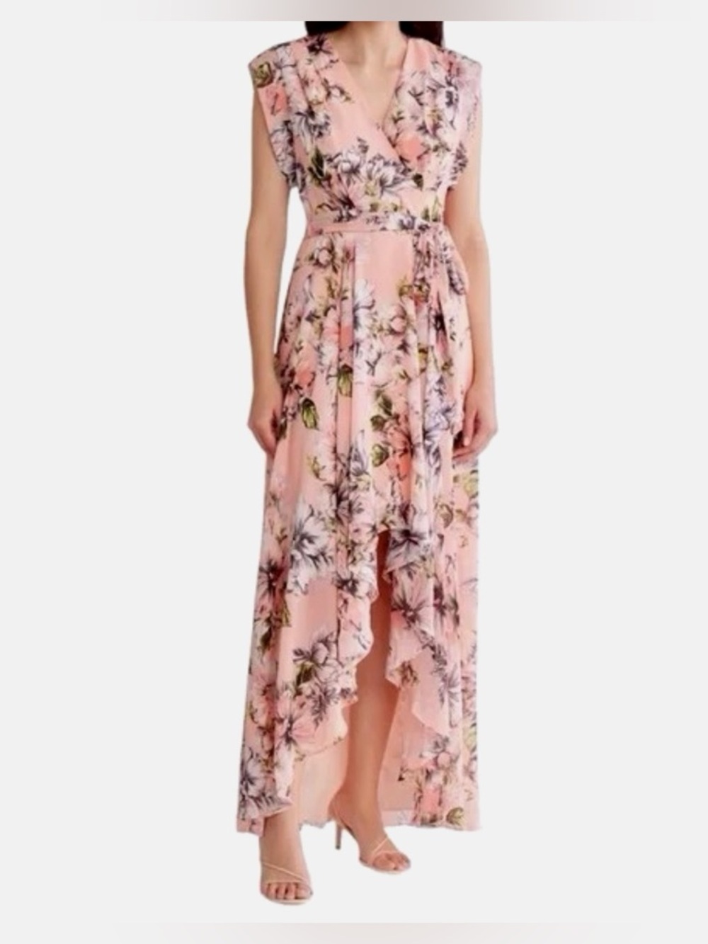 NWT ELIZA J Blush FLORAL
Chiffon RUFFLE Surplice HIGH/ LOW Maxi DRESS 10